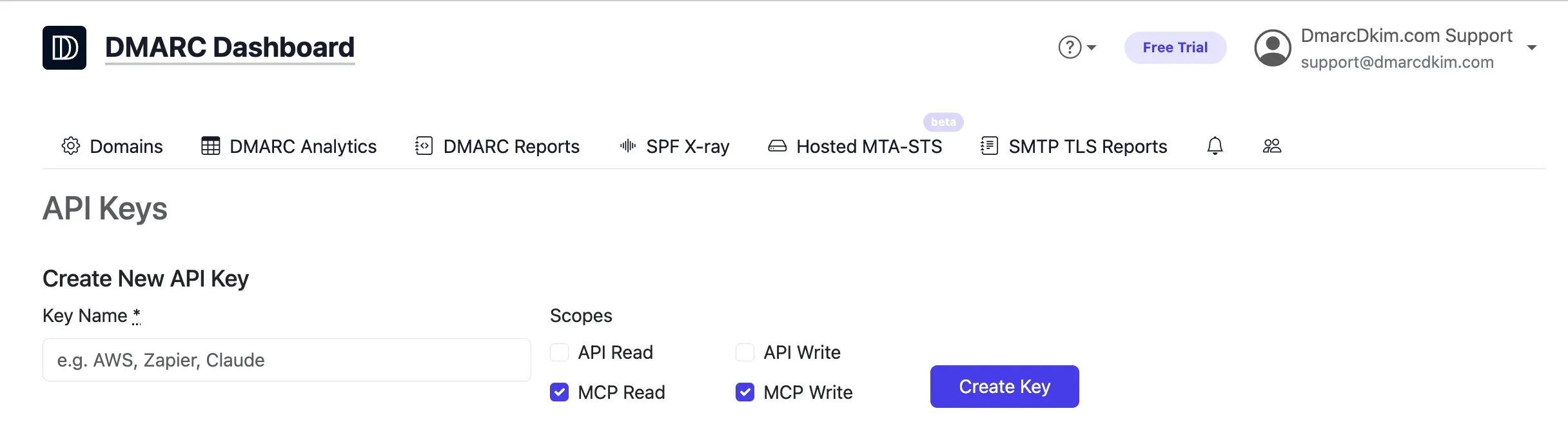 Screenshot showing API key creation page with MCP scope selection
