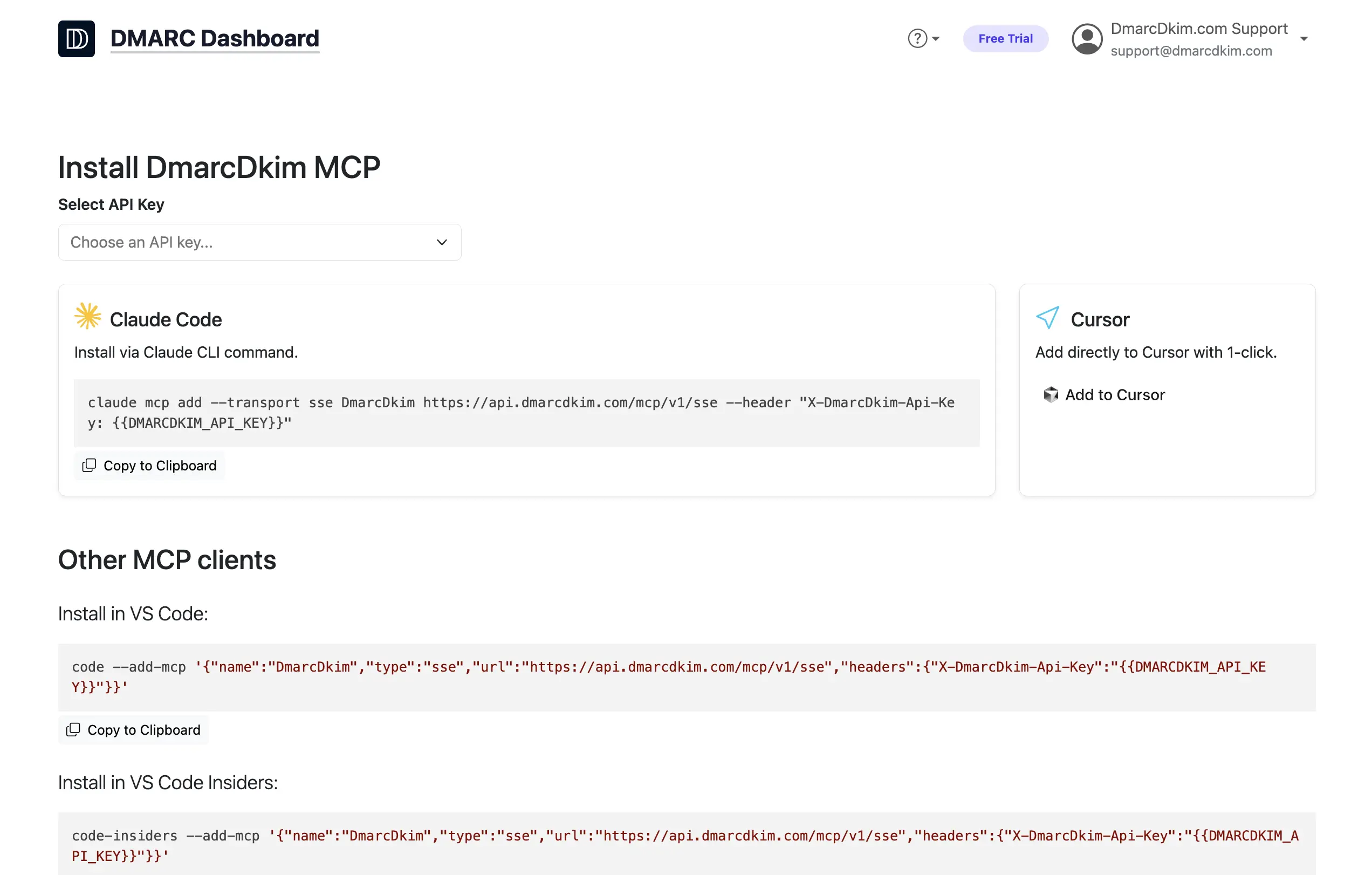 Screenshot showing MCP installation instructions for Claude Code, Cursor, and other clients